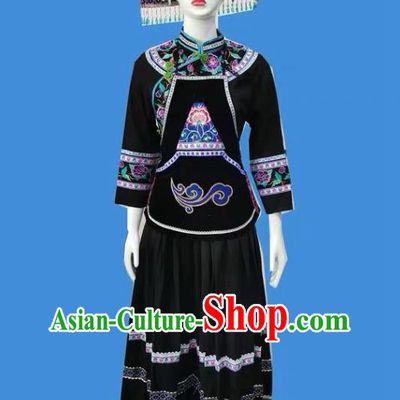 Chinese Puyi Ethnic Folk Dance Garment Costumes Guizhou Nationality Female Clothing Bouyei Minority Black Dress Uniforms and Headpiece