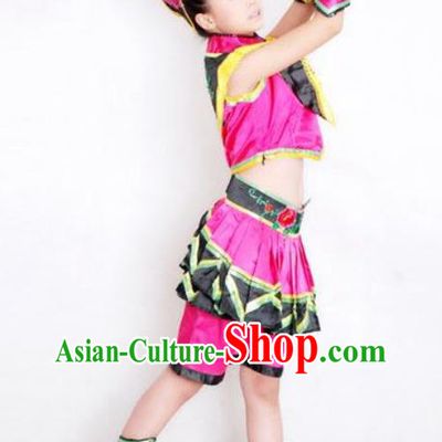 China Ethnic Children Folk Dance Garment Costumes Traditional Yi Nationality Girl Rosy Dress Outfits Clothing and Hair Accessories