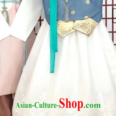 Korean Classical Wedding Garment Clothing Bride Fashion Blue Blouse and White Dress Traditional Court Hanbok Costumes