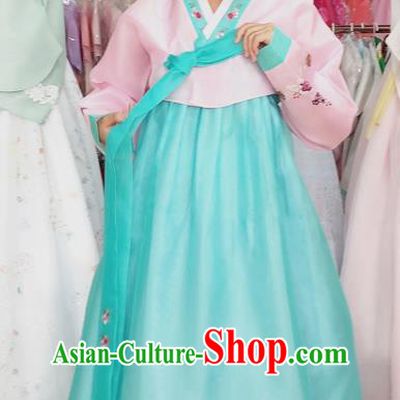 Korean Wedding Pink Blouse and Blue Dress Traditional Hanbok Costume Bride Garments Court Fashion Clothing