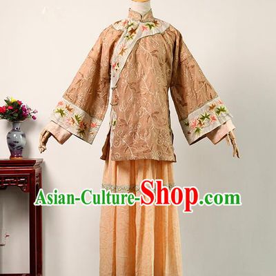 China Ancient Rich Mistress Khaki Blouse and Orange Skirt Qing Dynasty Garments Traditional Drama Da Zhai Men Young Woman Clothing