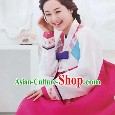Korean Traditional Court Hanbok Costume Wedding Garments Bride Fashion Clothing Classical Embroidered White Blouse and Rosy Dress