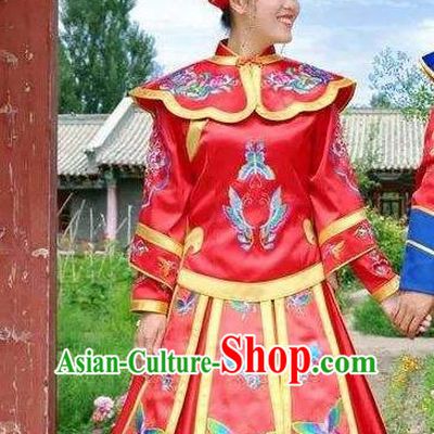 Chinese Xibe Nationality Wedding Clothing Sibe Minority Dance Performance Red Dress Uniforms Xinjiang Ethnic Bride Garment Costumes and Hair Accessories