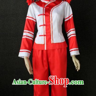 Chinese Maonan Nationality Country Woman Clothing Minority Folk Dance Red Uniforms Guizhou Ethnic Garment Costumes and Tassel Bamboo Hat