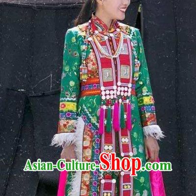 Chinese Yugu Nationality Wedding Clothing Yugur Minority Folk Dance Green Dress Uniforms Gansu Ethnic Bride Garment Costumes and Headpiece