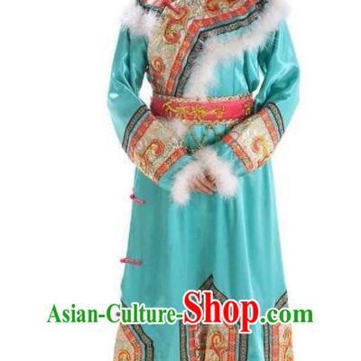 Chinese Hezhen Nationality Bride Clothing Hezhe Minority Woman Festival Blue Dress Uniforms Heilongjiang Ethnic Dance Garment Costumes and Headwear