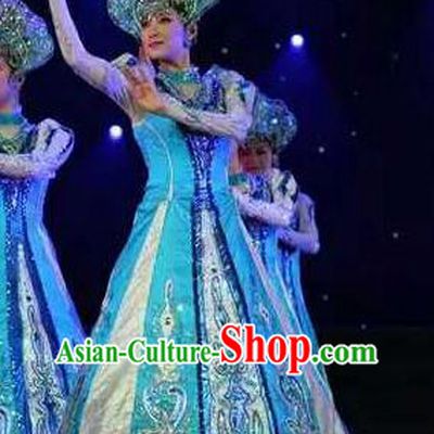 Chinese Eluosi Nationality Performance Clothing Russian Minority Woman Blue Dress Uniforms Xinjiang Ethnic Dance Garment Costumes and Headpieces