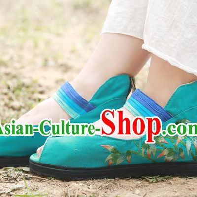 Handmade China Green Canvas Shoes National Folk Dance Sandal Shoes Embroidered Bamboo Plimsolls Shoes