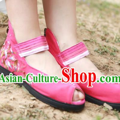 China National Folk Dance Sandal Shoes Embroidered Bamboo Plimsolls Shoes Handmade Rosy Canvas Shoes