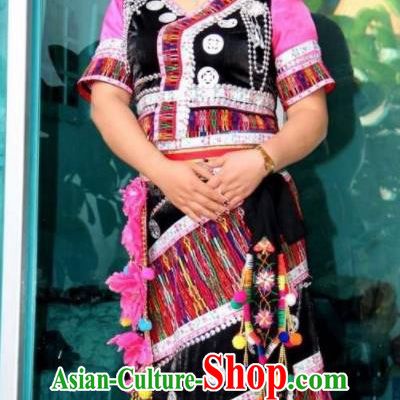 Chinese Achang Nationality Festival Clothing Minority Woman Dress Uniforms Yunnan Ethnic Folk Dance Garment Costumes and Headwear