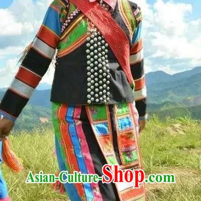 Chinese Lisu Nationality Clothing Minority Woman Festival Dress Uniforms Yunnan Ethnic Dance Garment Costumes and Headpiece