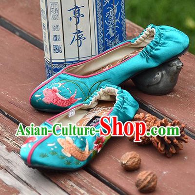 China Handmade Satin Shoes Woman Green Brocade Shoes National Folk Dance Shoes Embroidered Lotus Fish Shoes