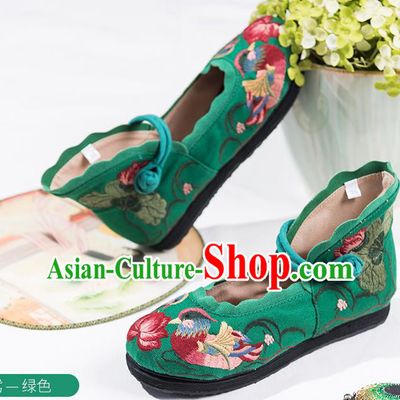 China Folk Dance Green Canvas Shoes National Female Shoes Embroidered Mandarin Duck Lotus Shoes Handmade Old Beijing Cloth Shoes