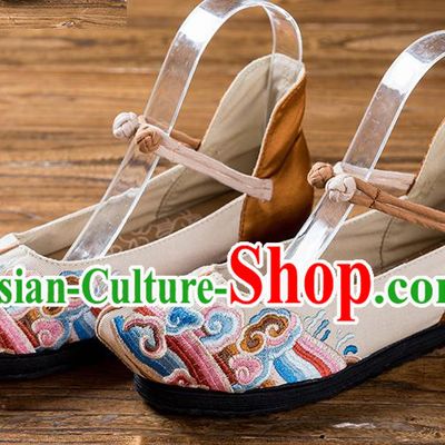 China National Old Beijing Cloth Shoes Embroidered Beige Flax Shoes Handmade Woman Shoes Folk Dance Shoes