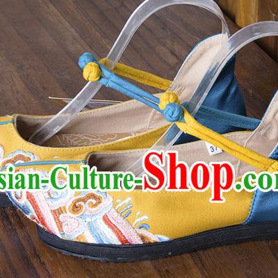 China Folk Dance Shoes National Old Beijing Cloth Shoes Embroidered Yellow Flax Shoes Handmade Woman Shoes
