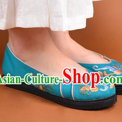 China Handmade Cloth Shoes Folk Dance Green Canvas Shoes National Woman Shoes Embroidered Butterfly Shoes