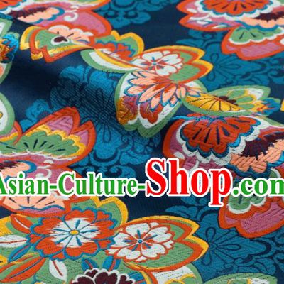 Japanese Classical Sakura Pattern Damask Traditional Cloth Fabric Kimono Blue Brocade Nishijin Tapestry Satin