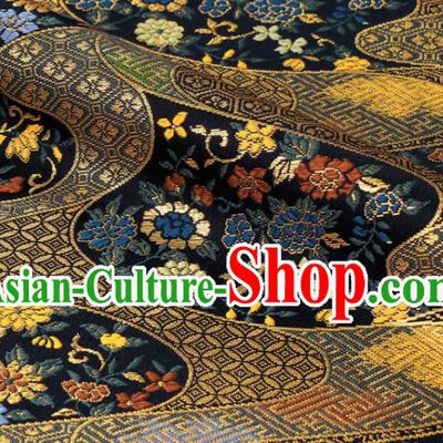 Japanese Kimono Satin Cloth Traditional Damask Drapery Classical Nishijin Tapestry Royal Chrysanthemum Peony Pattern Navy Brocade Fabric