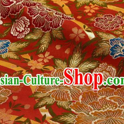 Japanese Royal Peony Pattern Red Brocade Fabric Kimono Satin Cloth Traditional Nishijin Tapestry Classical Damask Drapery