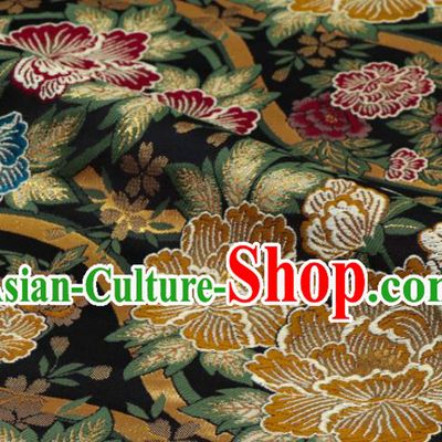 Japanese Classical Damask Drapery Royal Peony Pattern Black Brocade Fabric Kimono Satin Cloth Traditional Nishijin Tapestry