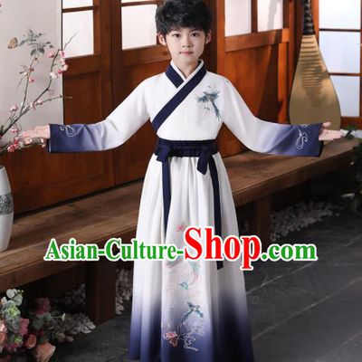 China Traditional Stage Performance Clothing Boys Classical Dance Garment Costume Ancient Scholar Navy Robe