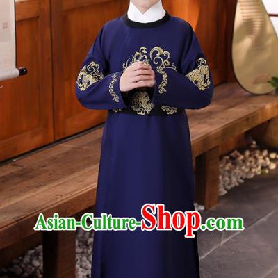 China Ancient Tang Dynasty Scholar Navy Robe Traditional Stage Performance Clothing Boys Classical Dance Garment Costume