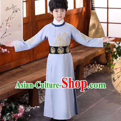 China Boys Classical Dance Garment Costume Ancient Tang Dynasty Scholar Light Blue Robe Traditional Stage Performance Clothing