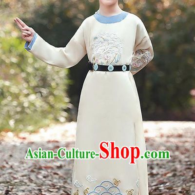 China Ancient Boys Knight Garment Costume Tang Dynasty Swordsman Embroidered Beige Robe Traditional Dance Performance Clothing