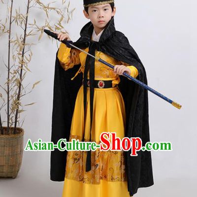 China Ancient Children Swordsman Garment Costume Traditional Yellow Feiyu Robe Ming Dynasty Boys Imperial Guards Clothing