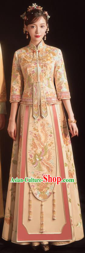 China Toast Clothing Traditional Wedding Garment Costumes Classical Xiuhe Suits Embroidered Bride Champagne Dress