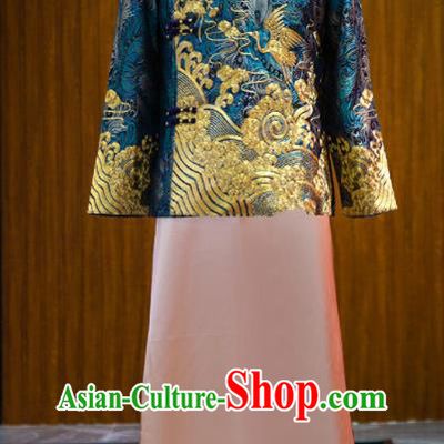 Chinese Traditional Wedding Male Uniforms Tang Suit Embroidered Blue Mandarin Jacket and Pink Long Robe Ancient Bridegroom Clothing
