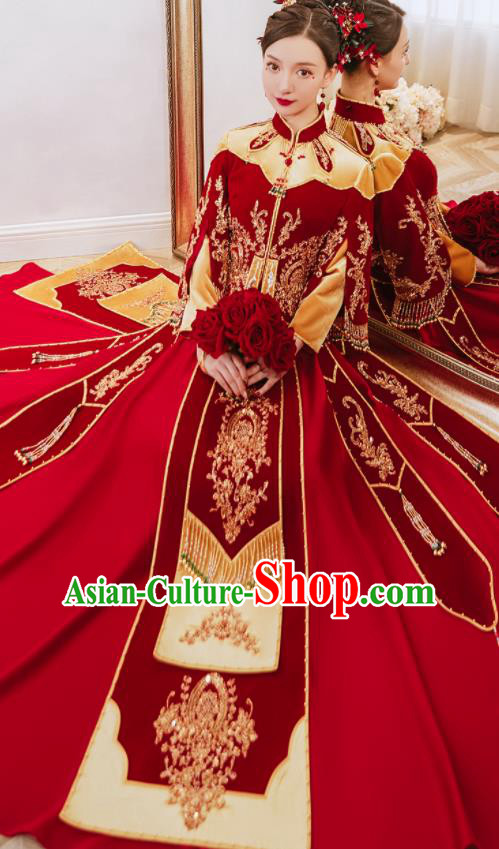 China Traditional Wedding Garment Costumes Classical Red Xiuhe Suits Embroidered Dress Bride Toast Clothing China Traditional Wedding Garment Costumes Classical Red Xiuhe Suits Embroidered Dress Bride Toast Clothing