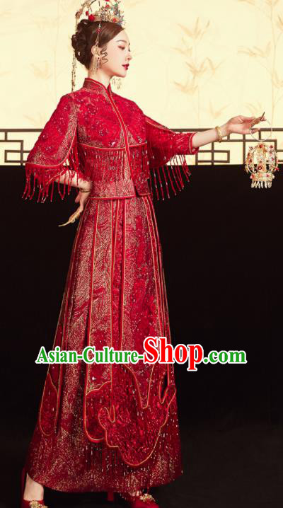 China Traditional Toast Clothing Classical Wedding Garment Costumes Red Xiuhe Suits Bride Embroidered Dress China Traditional Toast Clothing Classical Wedding Garment Costumes Red Xiuhe Suits Bride Embroidered Dress