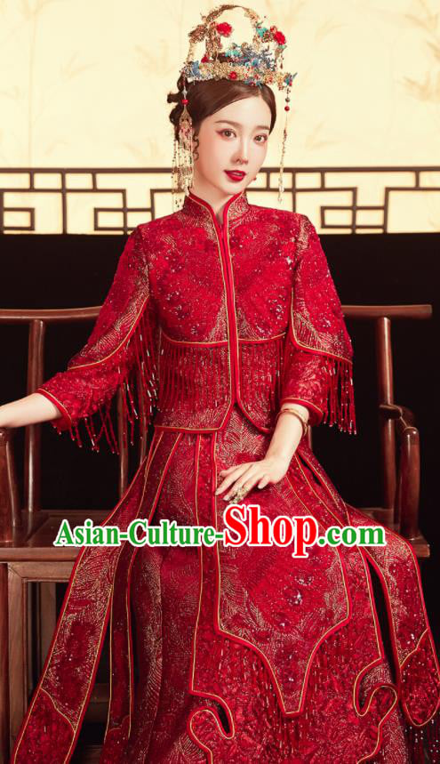 China Traditional Toast Clothing Classical Wedding Garment Costumes Red Xiuhe Suits Bride Embroidered Dress China Traditional Toast Clothing Classical Wedding Garment Costumes Red Xiuhe Suits Bride Embroidered Dress
