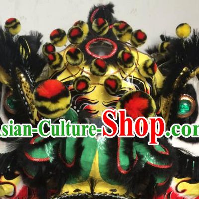 China Handmade Yellow Lion Head Southern Lion Dance Performance Black Fur Costumes Spring Festival Lion Dancing Competition Uniforms