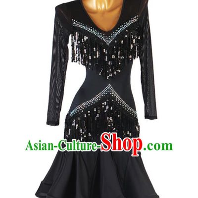 Professional Latin Dance Competition Costume Women Cha Cha Clothing Rumba Dance Black Tassel Dress Ballroom Dancing Fashion