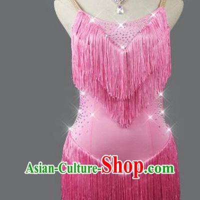 Professional Women Dancing Competition Clothing Cha Cha Sexy Fashion Latin Dance Pink Tassel Dress Modern Dance Costume
