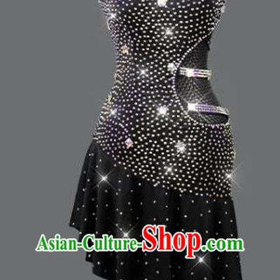 Professional Modern Dance Costume Women Dancing Competition Clothing Cha Cha Sexy Fashion Latin Dance Black Diamante Dress
