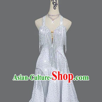 Professional Modern Dance Costume Women Dancing Competition Clothing Cha Cha Sexy Fashion Latin Dance White Diamante Dress