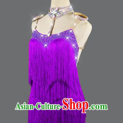 Professional Women Dancing Competition Fashion Latin Dance Clothing Cha Cha Sexy Purple Tassel Dress Rumba Dance Costume