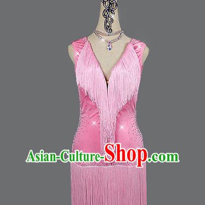 Professional Rumba Dance Sexy Fashion Latin Dance Pink Tassel Dress Women Cha Cha Costume Dancing Competition Clothing