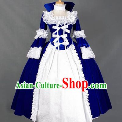 Top Gothic Queen Royalblue Dress Western Court Formal Costume Halloween Performance Full Dress European Middle Ages Garment Clothing