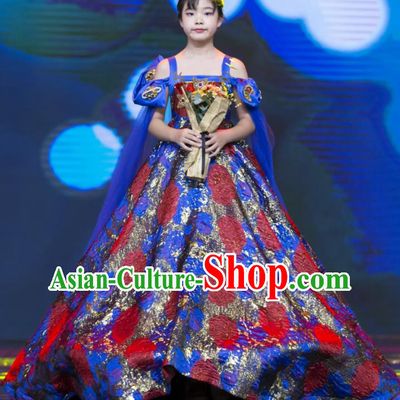 High Compere Garment Costume Kid Baroque Full Dress Children Catwalks Blue Trailing Dress Girl Stage Show Clothing
