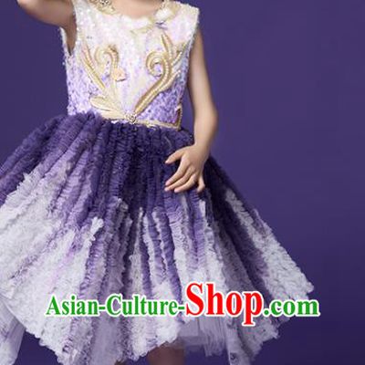 High Quality Stage Show Purple Full Dress Girl Catwalks Fashion Dress Children Dancewear Chorus Performance Clothing
