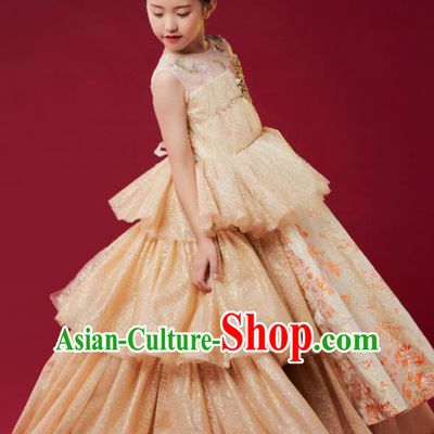 Custom Stage Show Princess Dress Catwalks Light Golden Full Dress Children Dancewear Girl Chorus Compere Fashion Clothing