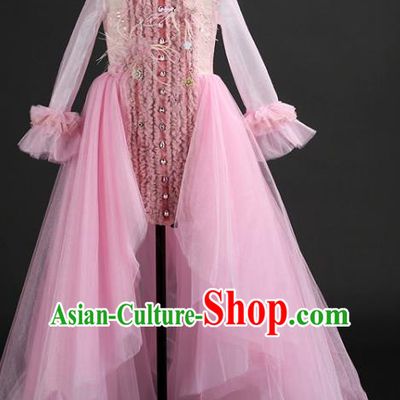 Custom Children Dancewear Girl Compere Fashion Clothing Stage Show Trailing Dress Catwalks Pink Veil Full Dress