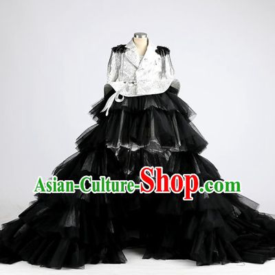 High Girl Stage Show Black Veil Trailing Clothing Compere Garment Costume Kid Performance Full Dress Children Catwalks Uniforms