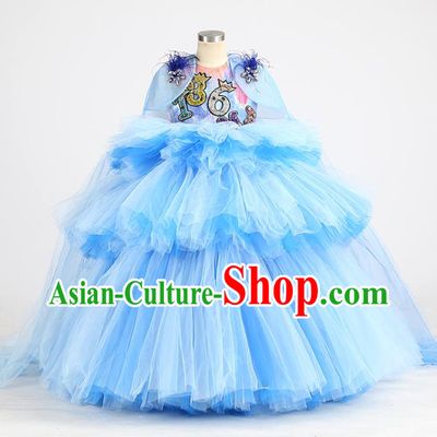 High Stage Show Full Dress Children Birthday Blue Veil Dress Girl Catwalks Clothing Compere Garment Costume