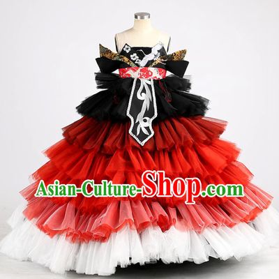 High Baby Compere Garment Costume Stage Show Full Dress Girl Catwalks Clothing Children Birthday Layered Veil Dress