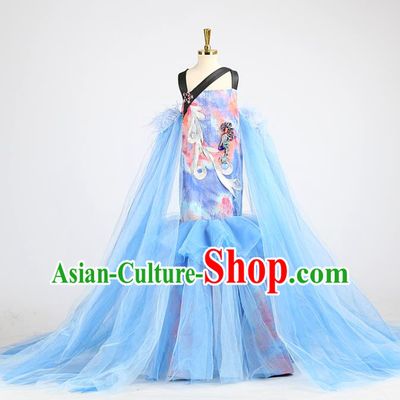 High Baby Compere Garment Costume Stage Show Full Dress Girl Catwalks Clothing Children Performance Blue Veil Fishtail Dress